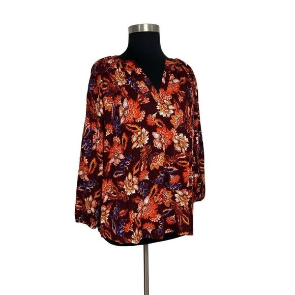 Old Navy 3X Orange Long-Sleeve Split-Neck Top Redwine Vinegar Boho Floral - Picture 3 of 11